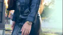 Jenia in leather jacket and leather skirt
