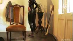 Latex leotard and high waist pants