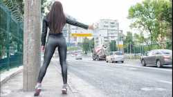 Girl walk leather latex leggings. leggings fetish athlete