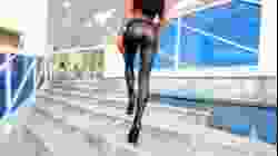 Walking in boots Black leather leggings high heeled shoes long legs