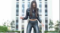 Walking boots Black leather leggings high-heeled shoes long legs