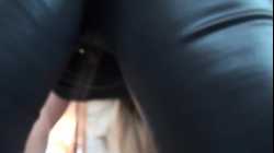 blonde in leather pants