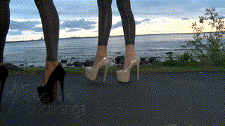 Coatching in heels trailer two hot brunettes in high heel pumps www.SeeMeWalking.com