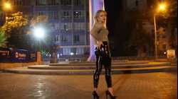 Walking in vinyl leggings.