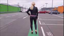 Caribig in shiny leggings and high heels roof parking walk